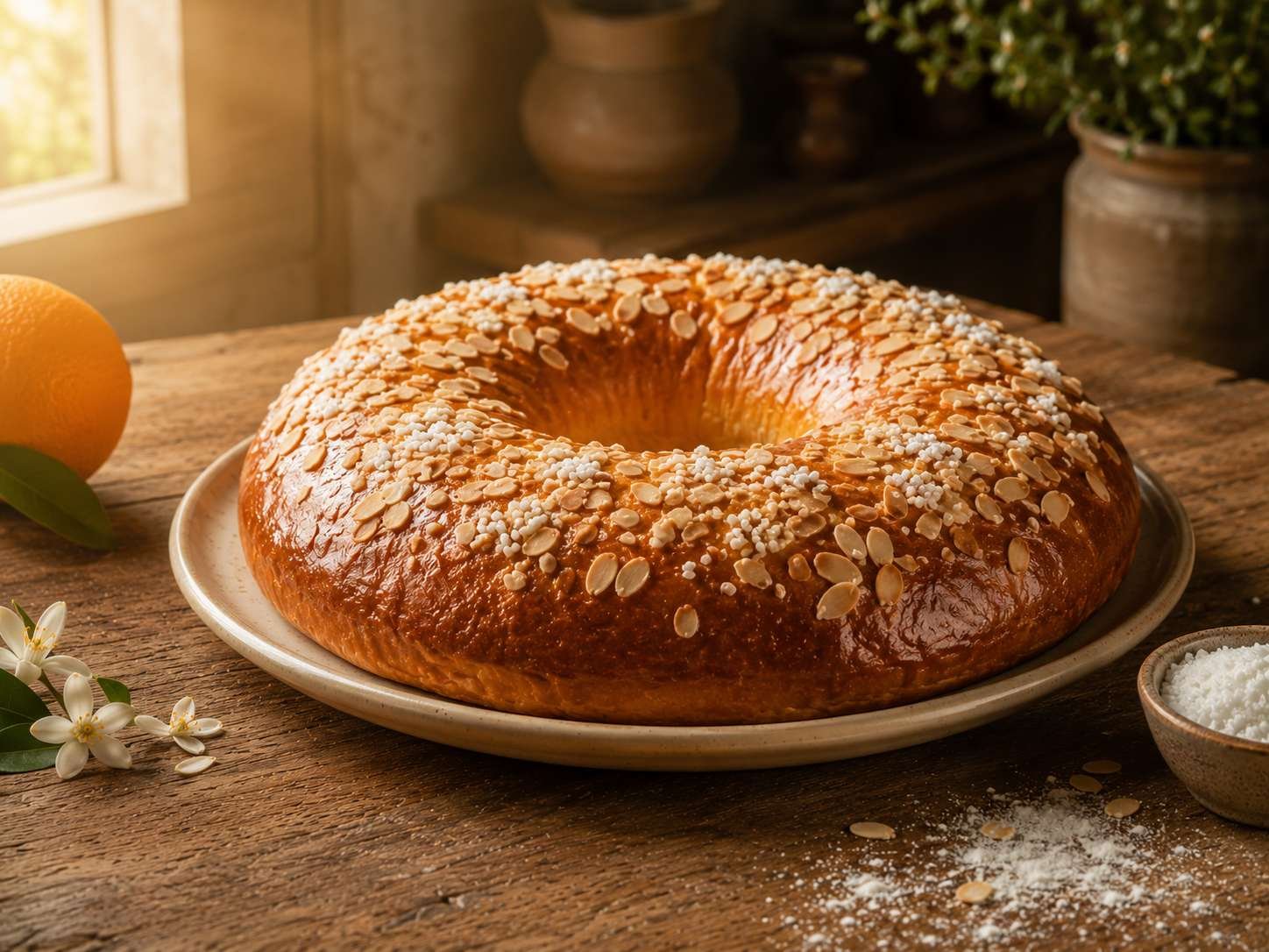 Roscón Artesanal C&J sin fruta escarchada, decorado con almendra laminada y azúcar humedecido