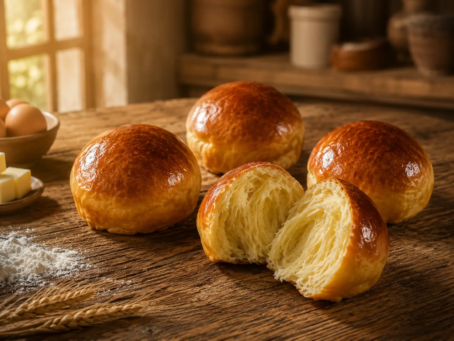 Bollos individuales de Brioche Artesanal C&J, uno de ellos abierto para mostrar su miga fibrosa